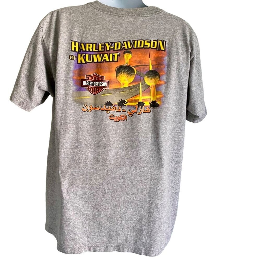 Harley Davidson of Kuwait Grey Cotton Tee Shirt with Colorful Graphic Mens Large